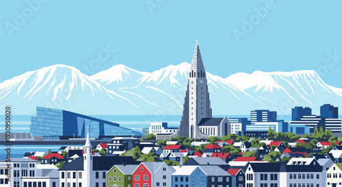 Reykjavik cityscape with Hallgrimskirkja church and snowy mountains.