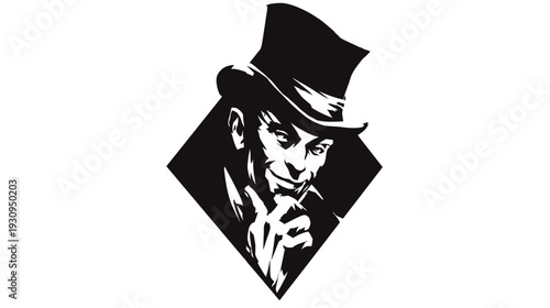 Elegant vector illustration of a thoughtful man in a top hat, mysterious sophisticated gentleman character art, black and white graphic design.