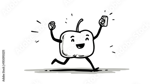 Cheerful cartoon bell pepper mascot running happily with a smartphone, black and white doodle illustration