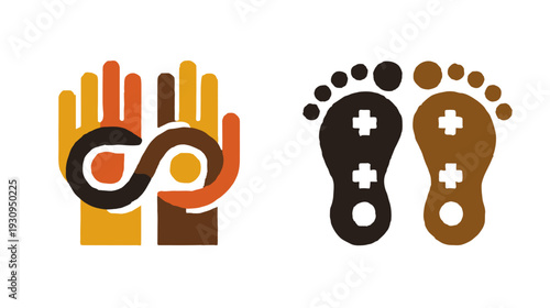 Diverse Hands Unity & Health Equity Footprints Icons. Multi-ethnic community, inclusivity, global collaboration, and healthcare access symbols.