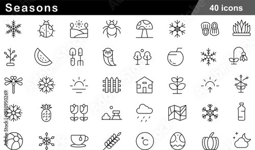 Seasons Thin Line Icons Set Winter Snow, Spring Growth, Summer Sun, Autumn Harvest and Weather Symbols for Environmental Cycles and Climate Concepts