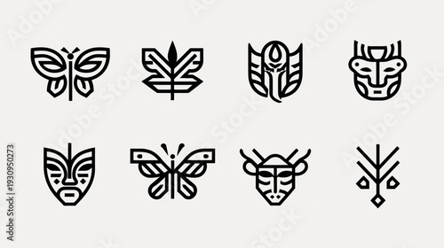 Minimalist geometric linear icons set featuring abstract butterflies, nature elements, and tribal mask designs in a modern style.