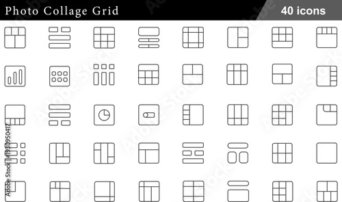 Photo Collage Grid Thin Line Icons Set Symmetrical Layouts, Masonry Blocks, Banner Strips, Focal Frames and Digital Media Containers for Visual Presentation