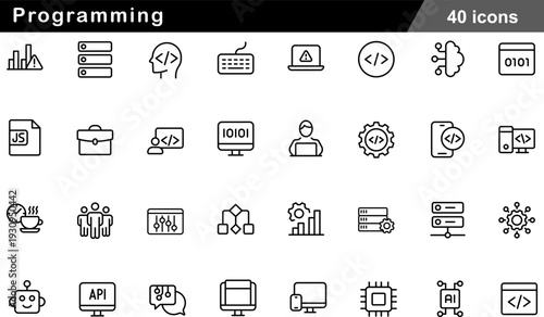 Programming Thin Line Icons Set Software Development, Coding Syntax, Backend Infrastructure, API Integration and Digital Logic Symbols for Developers
