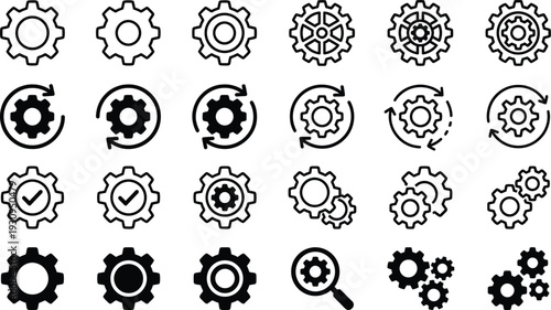 Set of 20 Black and White Gear Vector Icons for Engineering Technology and Business Design Pack