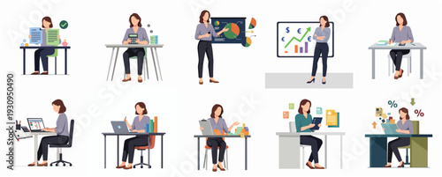 Flat Character of Woman Working from Home or Office Illustration Set