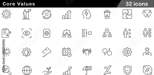 Photos Core Values Thin Line Icons Set Integrity, Vision, Community Collaboration, Stra