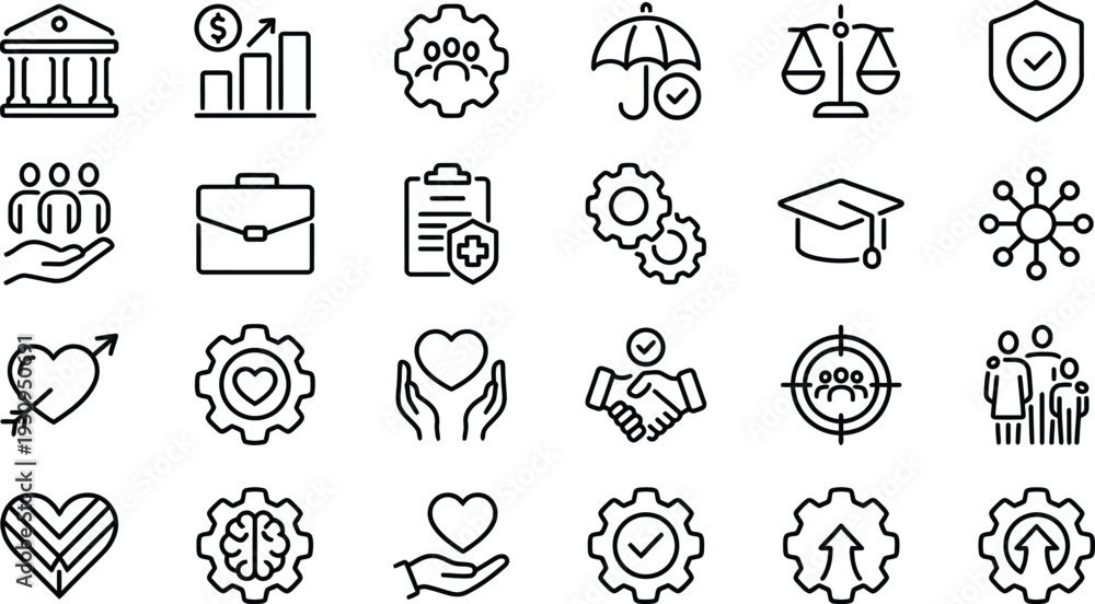 Fototapeta premium Set of 20 Black and White Line Art Vector Icons for Business Finance Law and Communication Pack