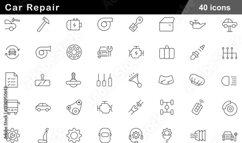 Car Repair Thin Line Icons Set Automotive Maintenance, Engine Diagnostics, Workshop Tools, Vehicle Safety Components and Mechanical Service Symbols for Auto Repair