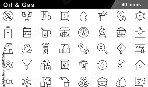 Oil and Gas Thin Line Icons Set Petroleum Extraction, Refinery Infrastructure, Fuel Distribution, Energy Commodity and Industrial Pipeline Symbols for Global Energy