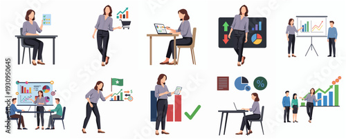 Flat Style Female Business Illustration with Data Analysis Concept and Presentation