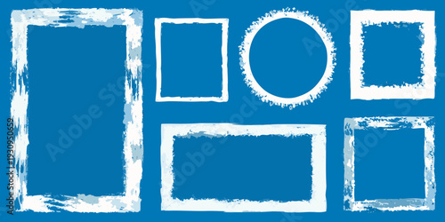 Abstract arrangement of roughly drawn white frames on a blue background
