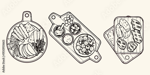 Artistic illustration of three charcuterie boards with various foods