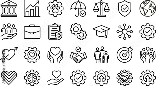 Black and White Line Art Vector Icon Pack for Business, Law, Education, and Lifestyle Design Elements