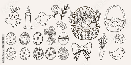 Charming easter doodles including bunnies eggs flowers and a woven basket