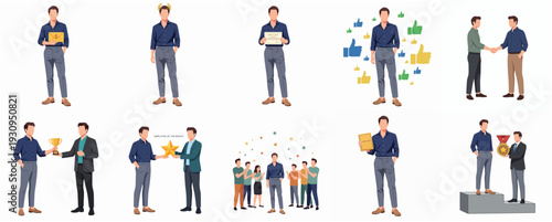 Modern Flat Style Business Award Winning Man Character Set Illustration