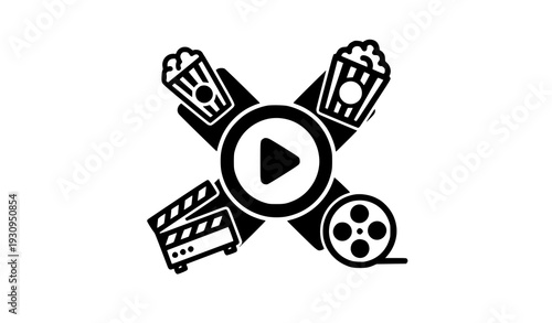 Bold video play symbol with cinema projector popcorn clapper and film reel vector icon set isolated on transparent background