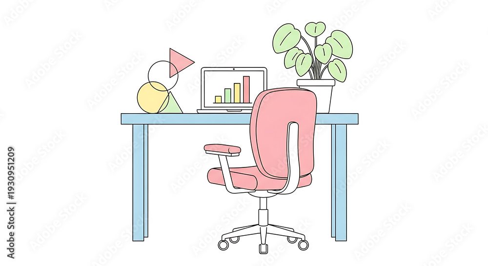 Fototapeta premium A pink office chair sitting at a desk with a computer and plant