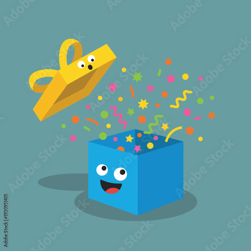 Happy Blue Gift Box with Confetti Explosion.