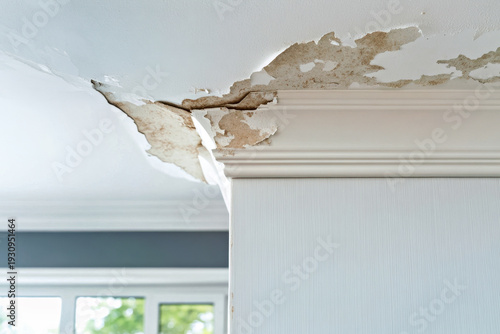 Living room white ceiling corner with visible water leak stain, dampness and cracks