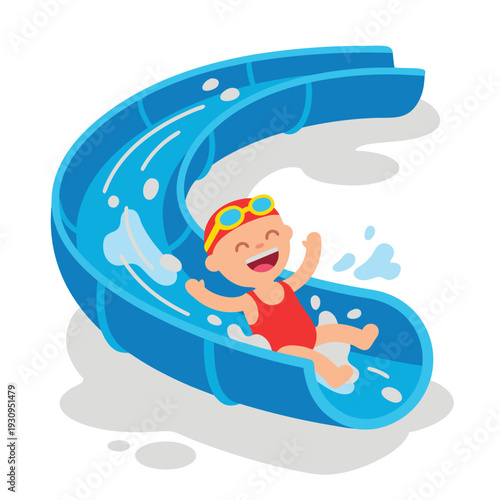Happy Child Sliding Down a Blue Water Slide.