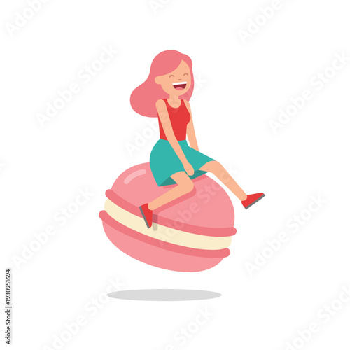 Happy Girl Riding a Giant Pink Macaron.