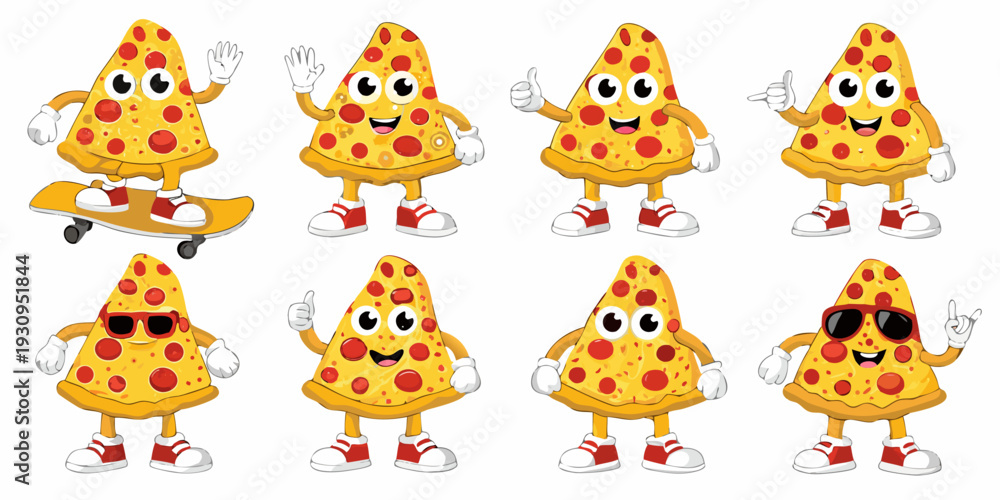 Fototapeta premium Cartoon pizza slices with faces displaying various hand gestures and poses