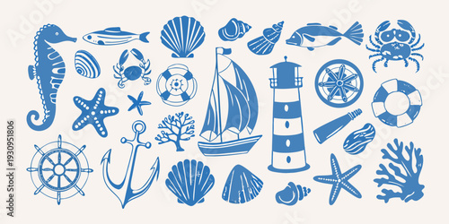 Nautical illustration featuring seashells marine life and seaside elements