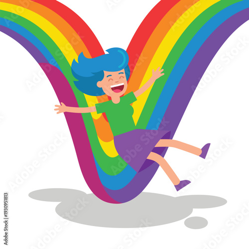 Happy girl sliding down a rainbow.