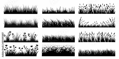 Collection of black and white grass and wildflower silhouettes