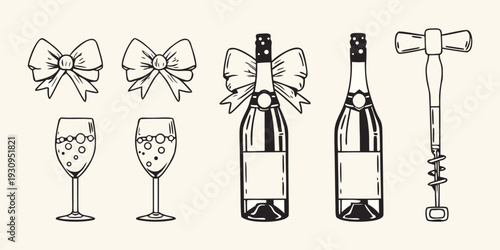 Celebratory illustrations featuring bows champagne and wine accessories