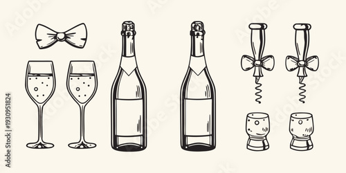 Celebratory sketches of champagne bottles flutes and accessories