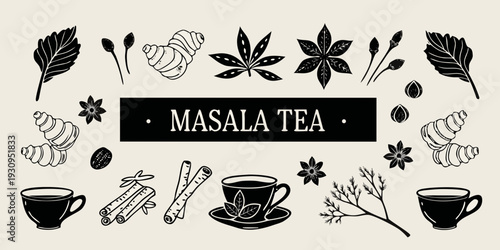 Masala tea illustration featuring herbs spices and baked goods