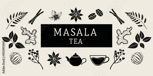 Masala tea illustration with spices kettle and cup design elements