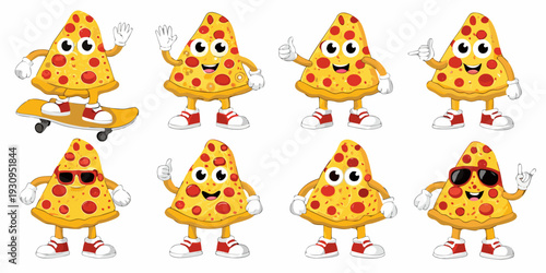 Cartoon pizza slices with faces displaying various hand gestures and poses