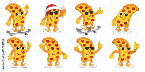 Anthropomorphic pizza slices cheerfully engaging in various playful activities
