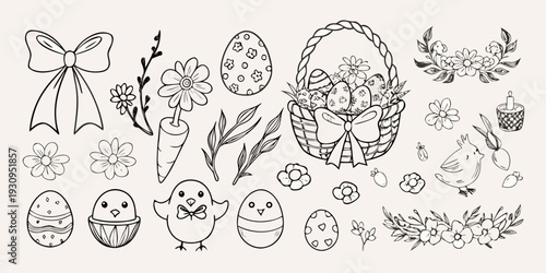 Hand drawn easter elements including eggs flowers rabbits and a basket