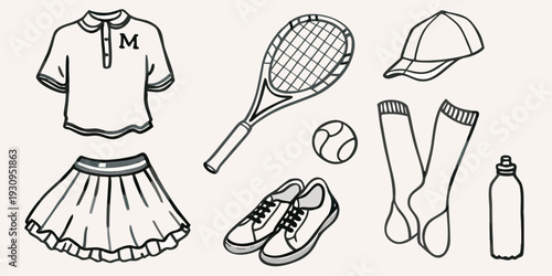 Tennis apparel and equipment a sketched collection of sports items
