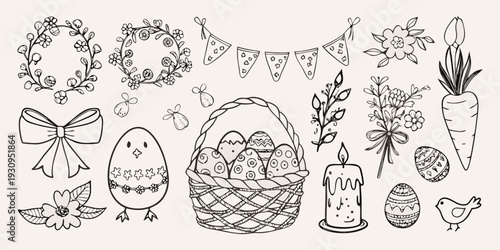 Hand drawn easter elements including eggs flowers and festive decorations