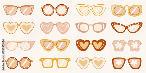 Collection of colorful sunglasses and heart shaped eyewear illustrations