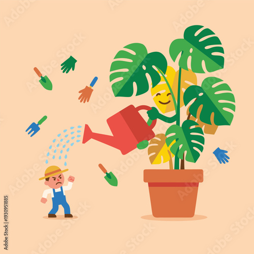 Happy Plant Being Watered by a Cartoon Farmer.