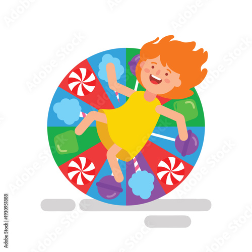 Happy Girl Spinning on a Colorful Candy Wheel.
