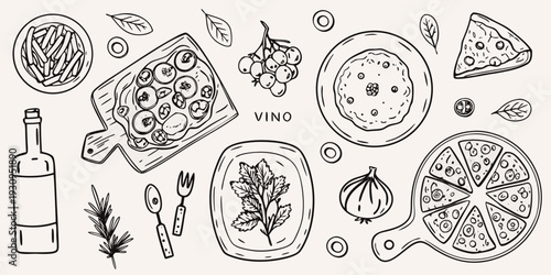 Hand drawn illustration of various foods including pizza grapes and fries