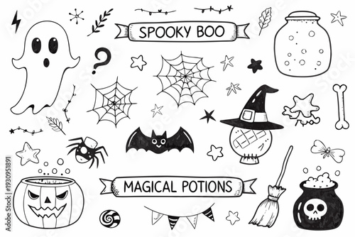 Hand drawn halloween doodles featuring ghosts bats and spooky decorations