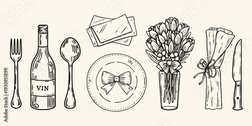 A charming sketch of dining elements wine flowers and table setting