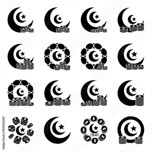Crescent Moon and Star Islamic Symbols in Various Designs.