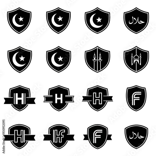 Collection of black and white halal logo designs and symbols.