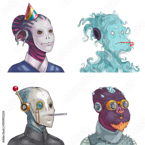Fierce alien avatar pack of purple masked aristocrat, ghostly undead phantom, grey sleek spy and purple spiked punk scalable avatar illustration set