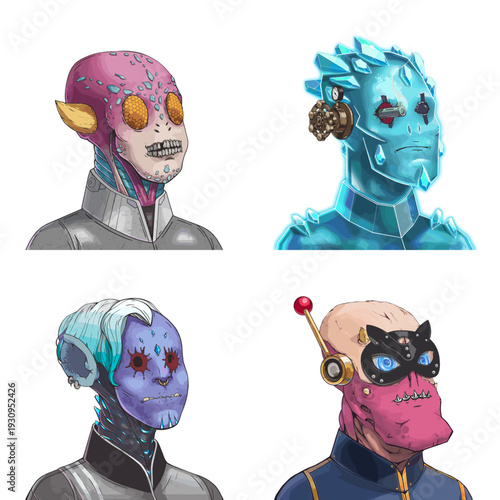 Fierce alien avatar pack of pink crystal empath, blue frozen golem, crystal glowing sorcerer and red horned demon scalable avatar illustration set