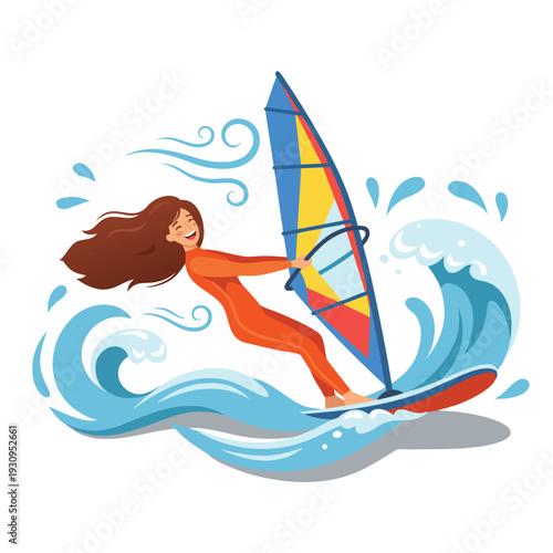 Windsurfing Woman Riding Waves on Board with Sail.